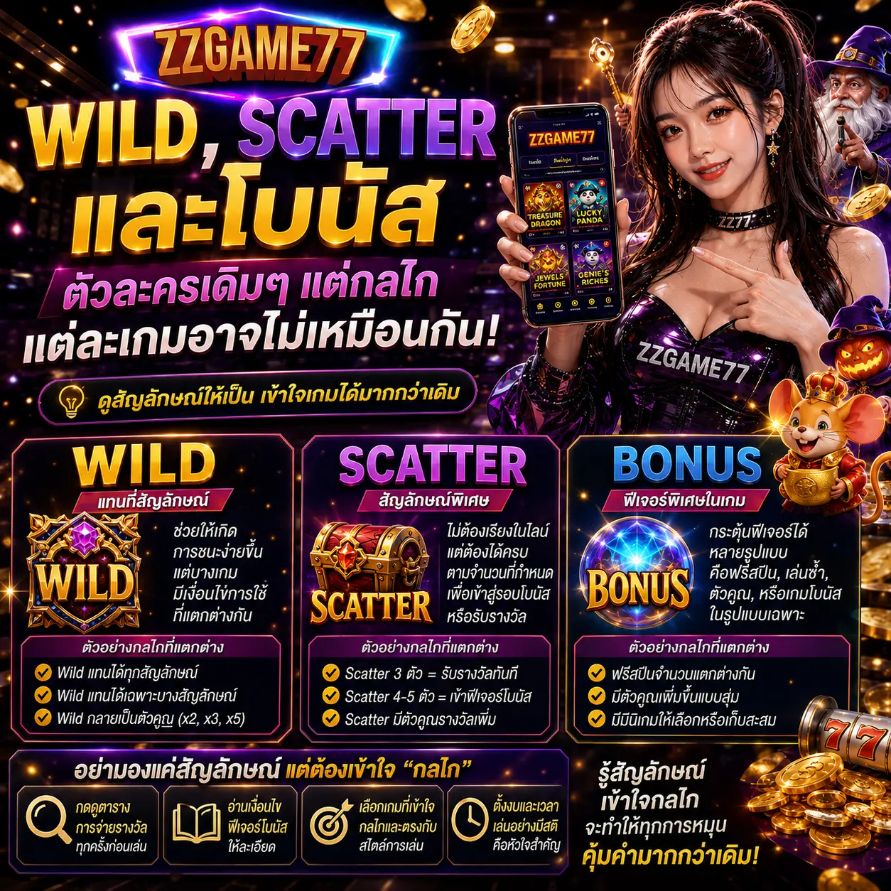 Wild Scatter และโบนัส ตัวละครเดิม ๆ แต่กลไกแต่ละเกมอาจไม่เหมือนกัน